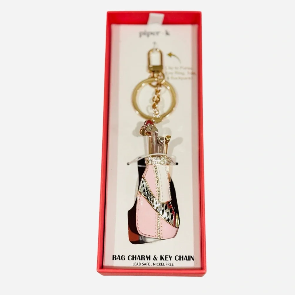 NWT Piper K Golf Rhinestone Keychain Bag Purse Charm Pink Gold Silver